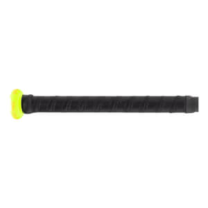 Close-up side view of a black baseball bat handle with a textured grip and neon yellow knob with PWR text.