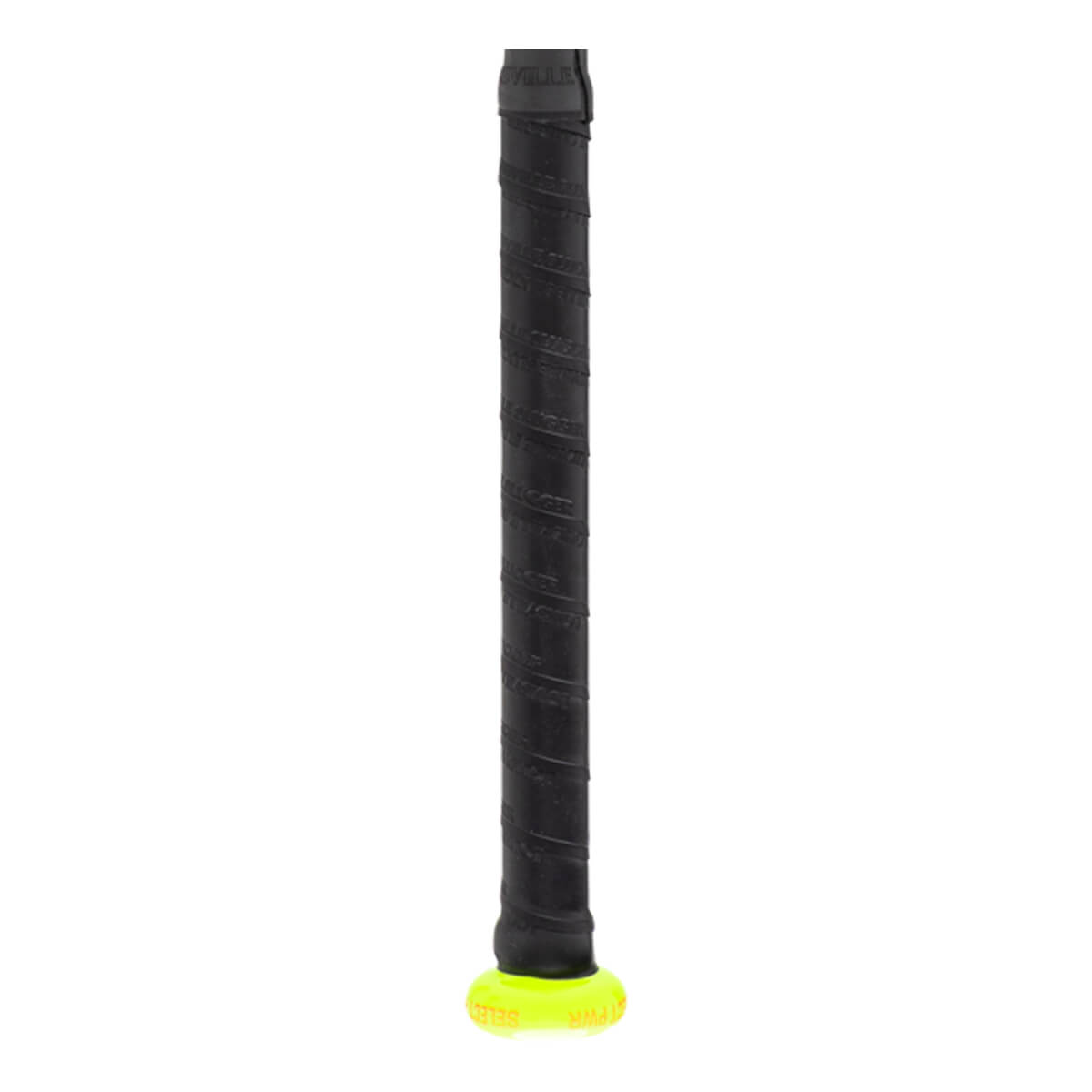 Close-up of a black baseball bat grip with a spiral texture and a neon yellow knob.