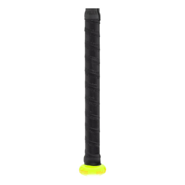 Close-up of a black baseball bat grip with a spiral texture and a neon yellow knob.