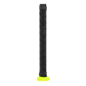 Close-up of a black baseball bat grip with a spiral texture and a neon yellow knob.