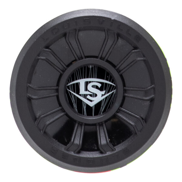 Top-down close-up of a black bat end cap with a white Louisville Slugger logo, ribbed design, and embossed text.