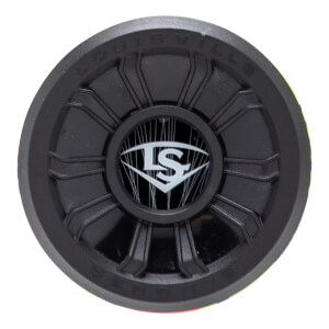 Top-down close-up of a black bat end cap with a white Louisville Slugger logo, ribbed design, and embossed text.