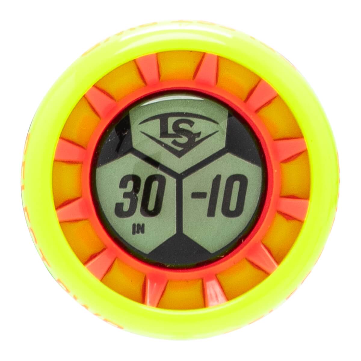 Top-down view of a neon yellow bat end cap with orange fins, an LS logo, and 30 IN -10 text.