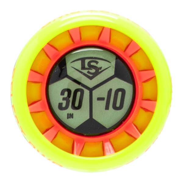 Top-down view of a neon yellow bat end cap with orange fins, an LS logo, and 30 IN -10 text.
