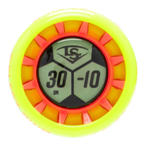 Top-down view of a neon yellow bat end cap with orange fins, an LS logo, and 30 IN -10 text.