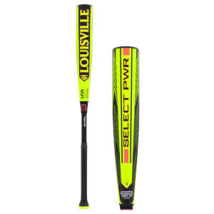 Side-by-side view of a neon yellow and black baseball bat with LOUISVILLE on the full bat and SELECT PWR on the barrel.