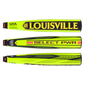 Full view of a neon yellow/green baseball bat with Louisville branding, Select PWR text, and USA Baseball logo.