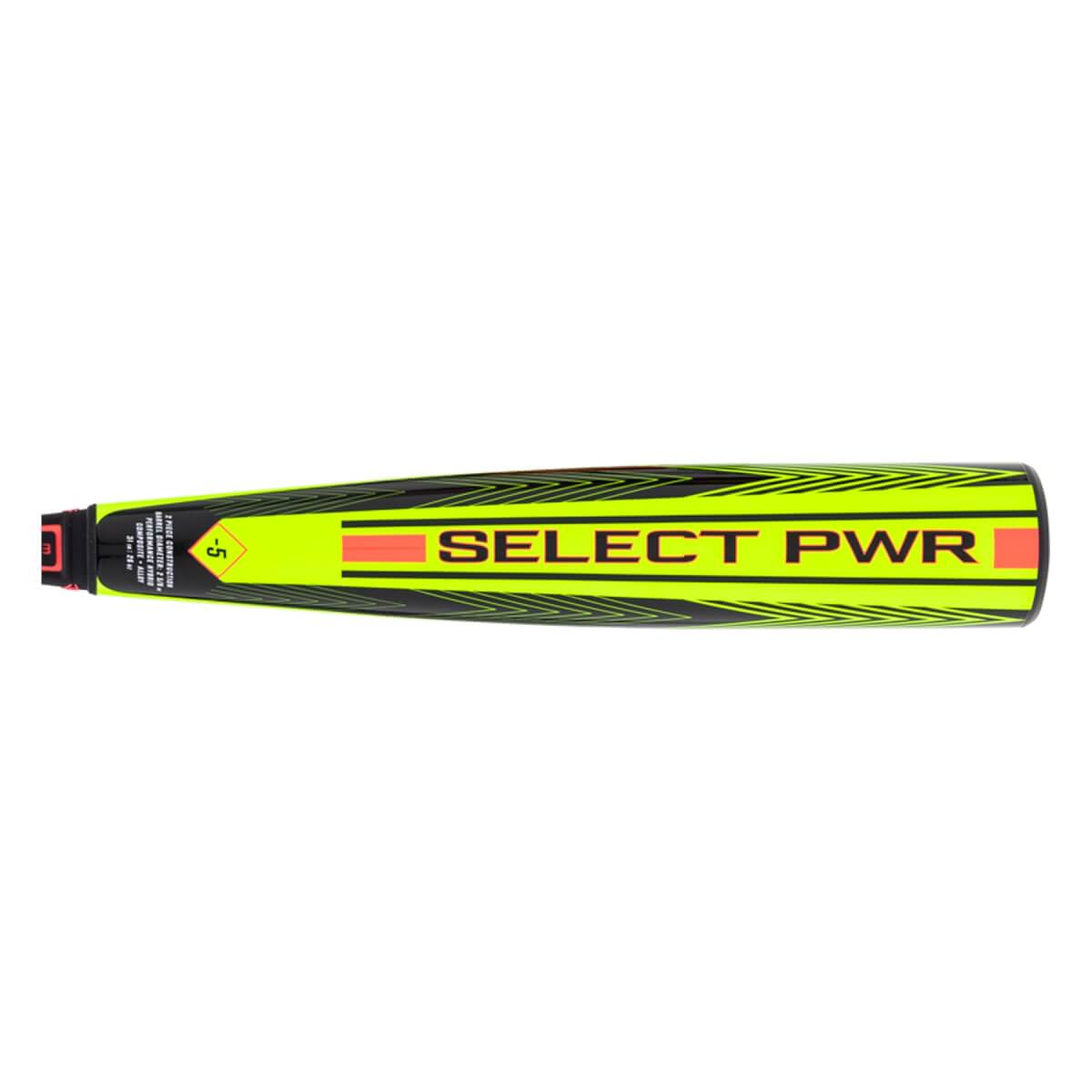 Top-down view of a neon yellow and black baseball bat with SELECT PWR text, orange stripes, and a -5 indicator.