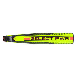 Top-down view of a neon yellow and black baseball bat with SELECT PWR text, orange stripes, and a -5 indicator.
