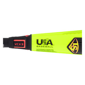 Close-up of a neon yellow baseball bat with a black VCX3 band, USA BASEBALL logo, and black LS shield.