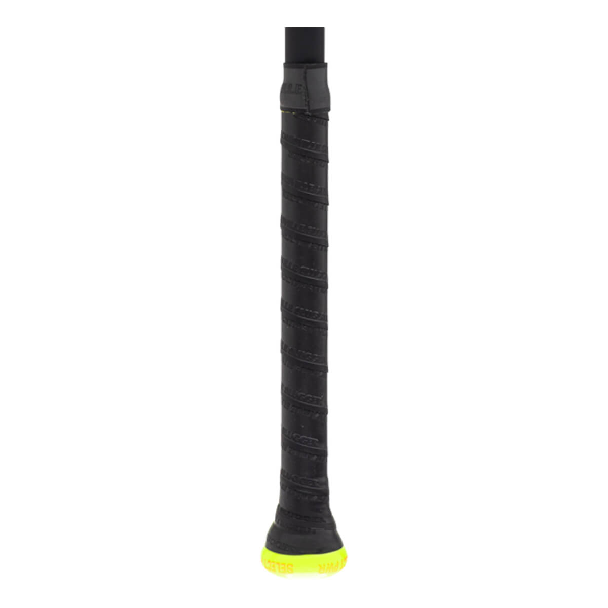 Close-up of a black baseball bat grip with spiraled texture and a neon yellow knob.