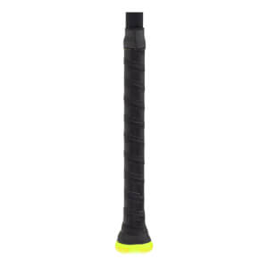 Close-up of a black baseball bat grip with spiraled texture and a neon yellow knob.