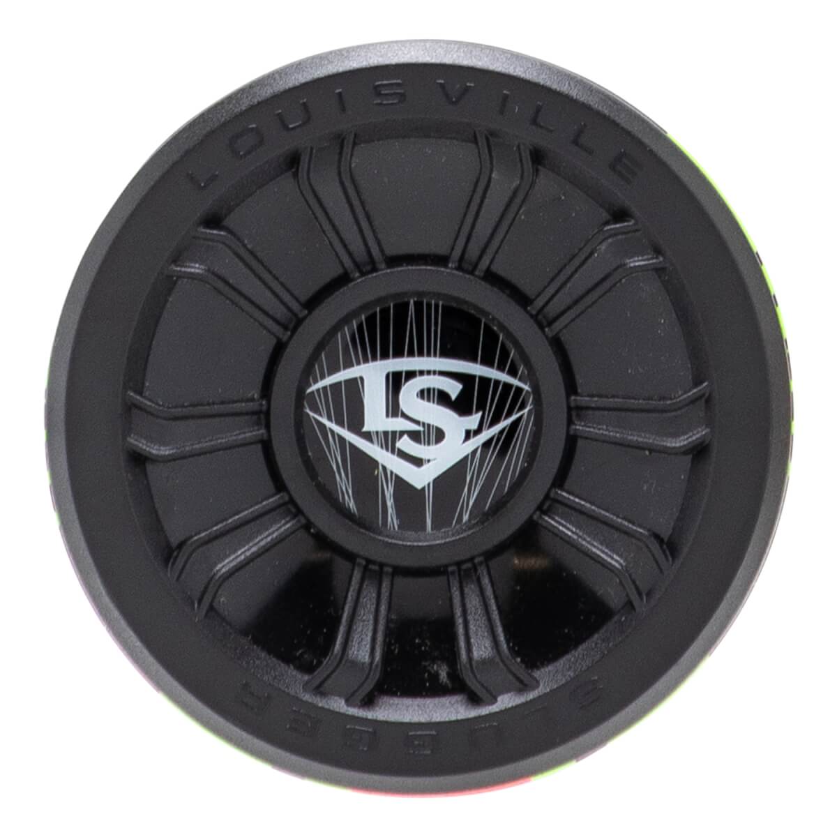 Top-down view of a black baseball bat end cap with a white LS logo, ribbed texture, and LOUISVILLE SLUGGER embossed on the rim.