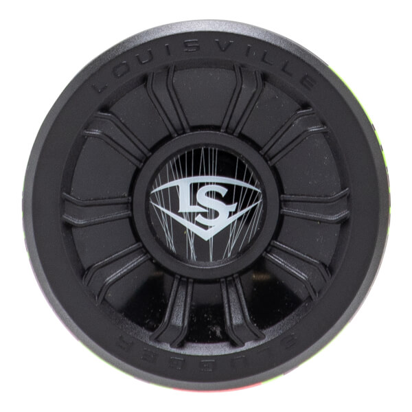 Top-down view of a black baseball bat end cap with a white LS logo, ribbed texture, and LOUISVILLE SLUGGER embossed on the rim.
