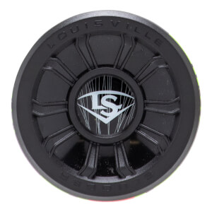 Top-down view of a black baseball bat end cap with a white LS logo, ribbed texture, and LOUISVILLE SLUGGER embossed on the rim.