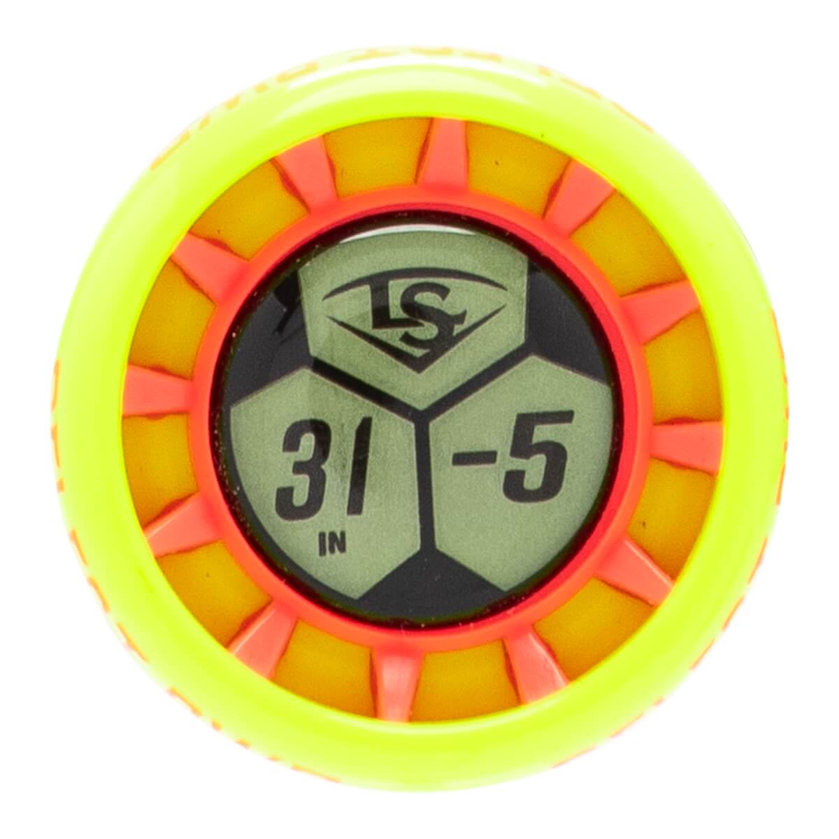Top-down view of a neon yellow and orange bat end cap with a central black section showing LS logo, 31 IN, and -5.