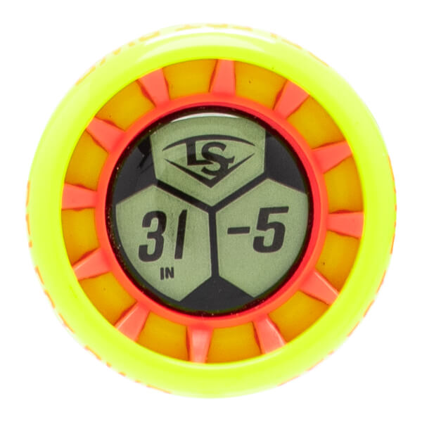 Top-down view of a neon yellow and orange bat end cap with a central black section showing LS logo, 31 IN, and -5.