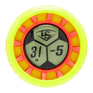 Top-down view of a neon yellow and orange bat end cap with a central black section showing LS logo, 31 IN, and -5.
