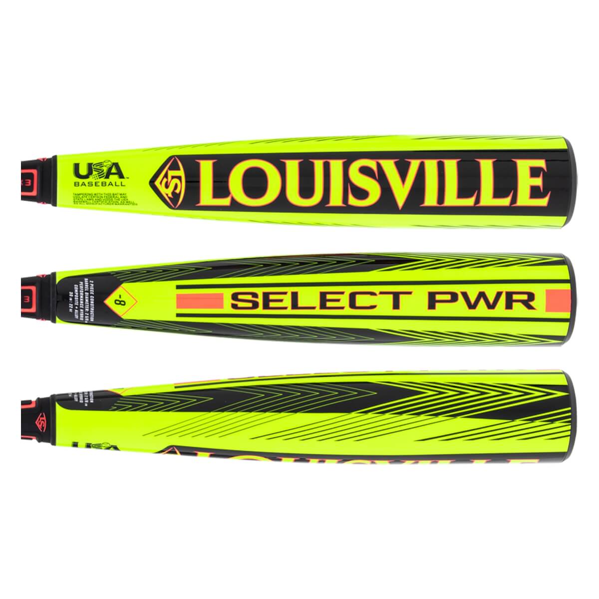 Multiple views of a neon yellow and black baseball bat with LOUISVILLE and SELECT PWR branding, USA Baseball logo, and chevron patterns.