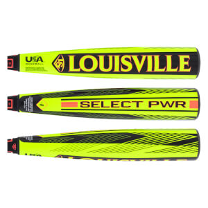 Multiple views of a neon yellow and black baseball bat with LOUISVILLE and SELECT PWR branding, USA Baseball logo, and chevron patterns.