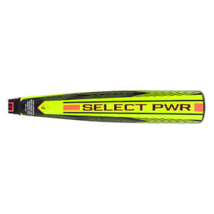Side view of a neon yellow and black baseball bat with SELECT PWR text and orange stripes on the barrel.