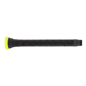 Close-up of a black baseball bat grip with a ribbed texture and a neon yellow knob showing LOUISVILLE SLUGGER.