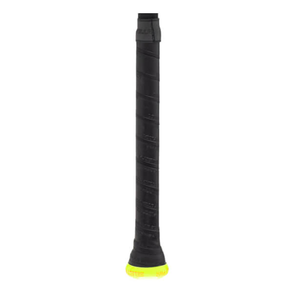 Close-up of black Louisville Slugger bat grip with spiral texture and a neon yellow knob.