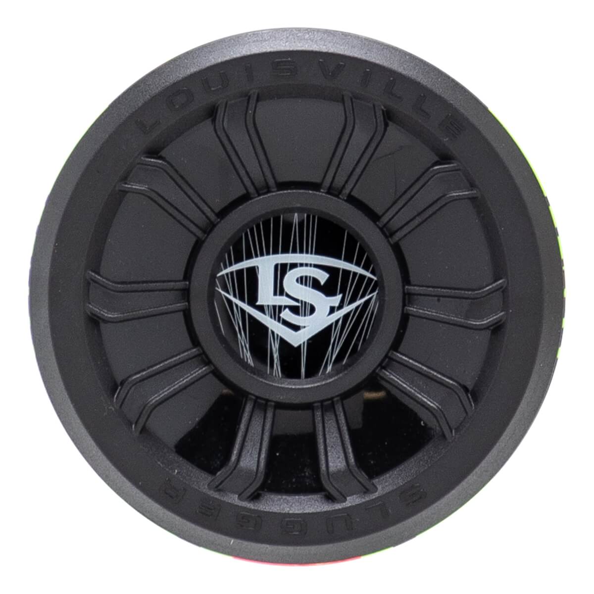 Top-down view of a black bat end cap with a ribbed pattern, white LS logo, and LOUISVILLE SLUGGER text.