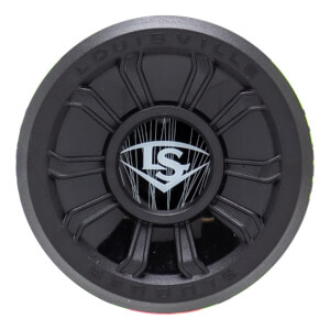 Top-down view of a black bat end cap with a ribbed pattern, white LS logo, and LOUISVILLE SLUGGER text.
