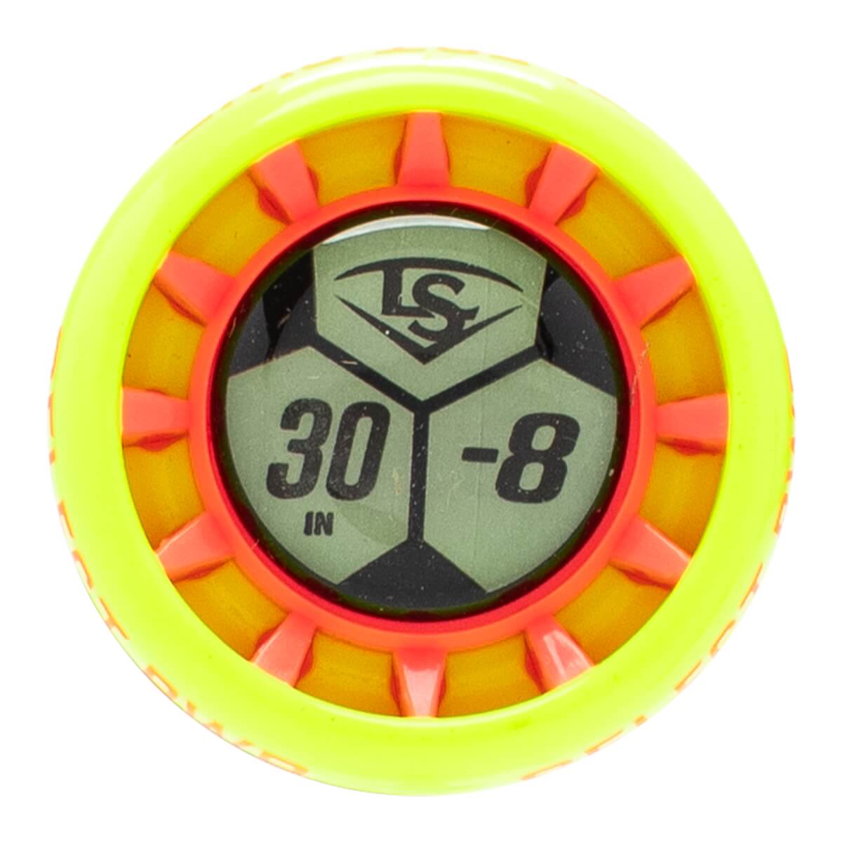 Top-down view of a neon yellow baseball bat end cap with a dark green center showing the LS logo, 30 IN, and -8.