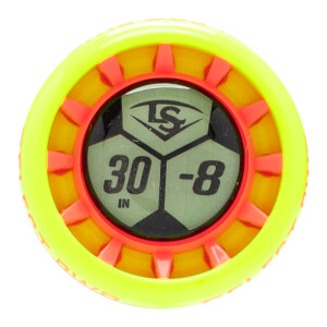 Top-down view of a neon yellow baseball bat end cap with a dark green center showing the LS logo, 30 IN, and -8.