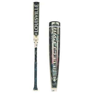 Front view and barrel close-up of a Louisville Slugger Select PWR bat with currency-inspired graphics and text including "LOUISVILLE", "SELECT PWR", and "-3".