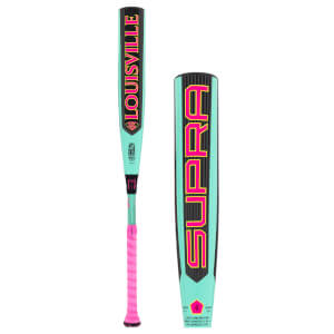 Side view of a mint green and black baseball bat with a pink grip and LOUISVILLE branding, next to a close-up of its barrel with the pink SUPRA logo.