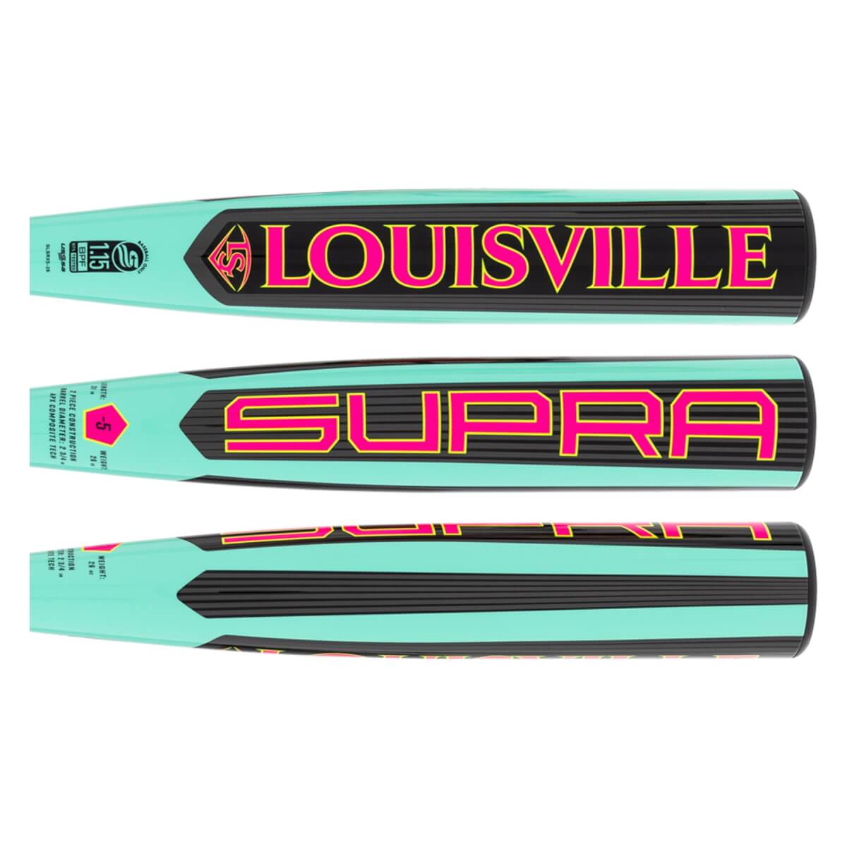 Overhead view of a teal and black baseball bat with LOUISVILLE and SUPRA in pink, and black horizontal stripes.