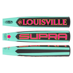 Overhead view of a teal and black baseball bat with LOUISVILLE and SUPRA in pink, and black horizontal stripes.