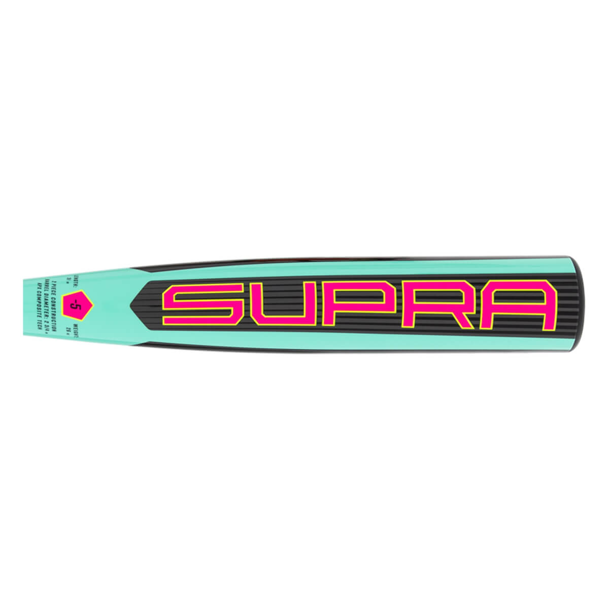 Side view of a teal baseball bat with SUPRA in pink on a black section and a small pink -5 symbol.