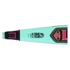 Close-up side view of a teal baseball bat with VCX3 on the handle, 1.15 BPF certification, and a pink LS logo.
