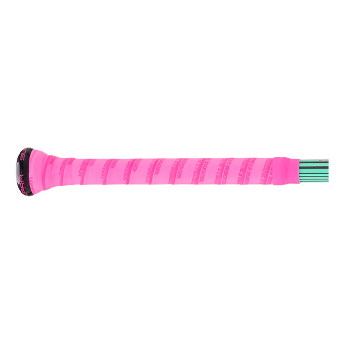 Side view of a pink wrapped baseball bat handle with a black end cap showing SUPRA and a teal striped barrel.