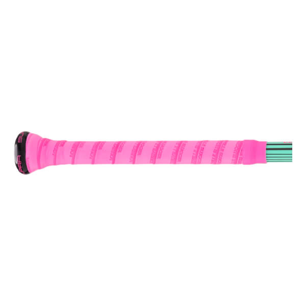 Side view of a pink wrapped baseball bat handle with a black end cap showing SUPRA and a teal striped barrel.