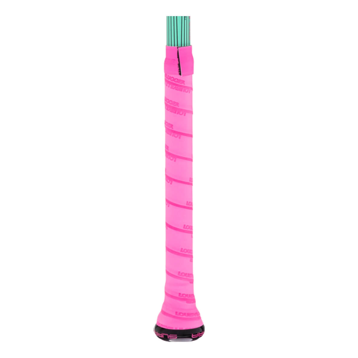 Close-up of a pink Louisville Slugger bat grip with spiraling text, a black end cap showing SUPRA, and a green shaft.