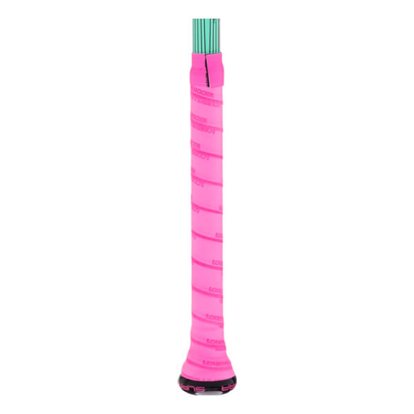 Close-up of a pink Louisville Slugger bat grip with spiraling text, a black end cap showing SUPRA, and a green shaft.