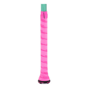 Close-up of a pink Louisville Slugger bat grip with spiraling text, a black end cap showing SUPRA, and a green shaft.