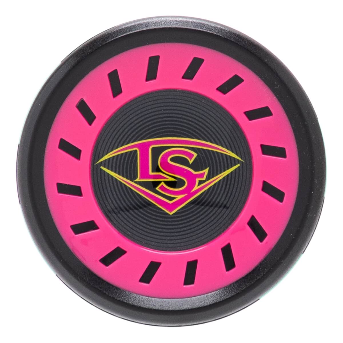 Top-down view of the black and pink baseball bat end cap with a yellow LS logo, concentric circles, and a segmented pink ring.