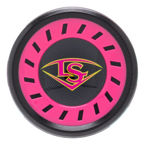Top-down view of the black and pink baseball bat end cap with a yellow LS logo, concentric circles, and a segmented pink ring.