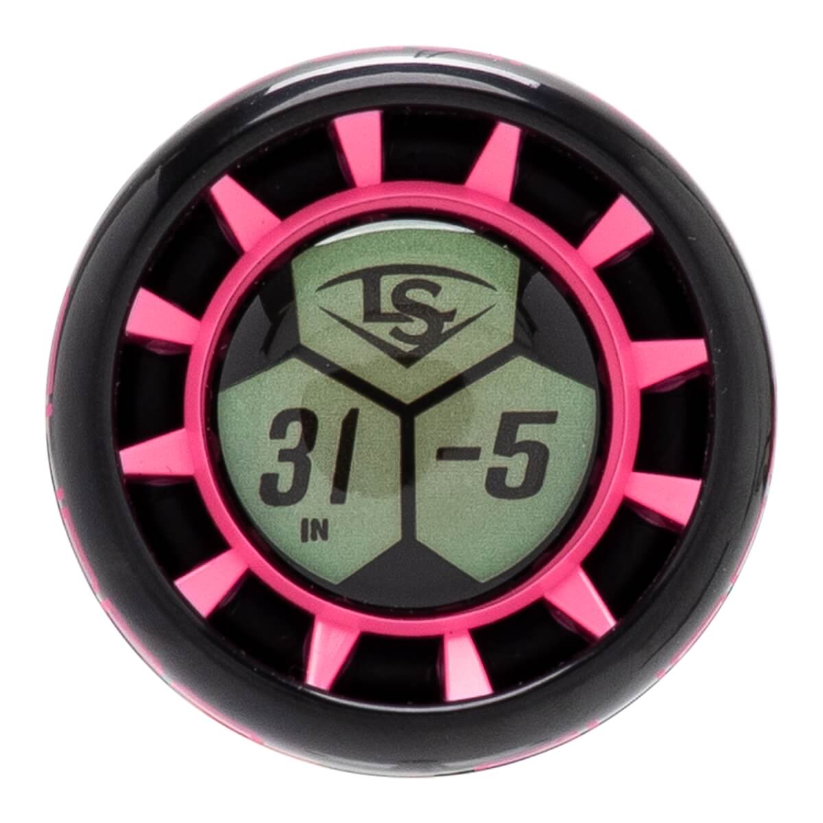 Top-down close-up of a black and pink bat end cap with a green hexagonal display showing LS logo, 31 IN, and -5.