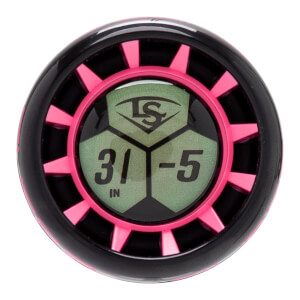 Top-down close-up of a black and pink bat end cap with a green hexagonal display showing LS logo, 31 IN, and -5.