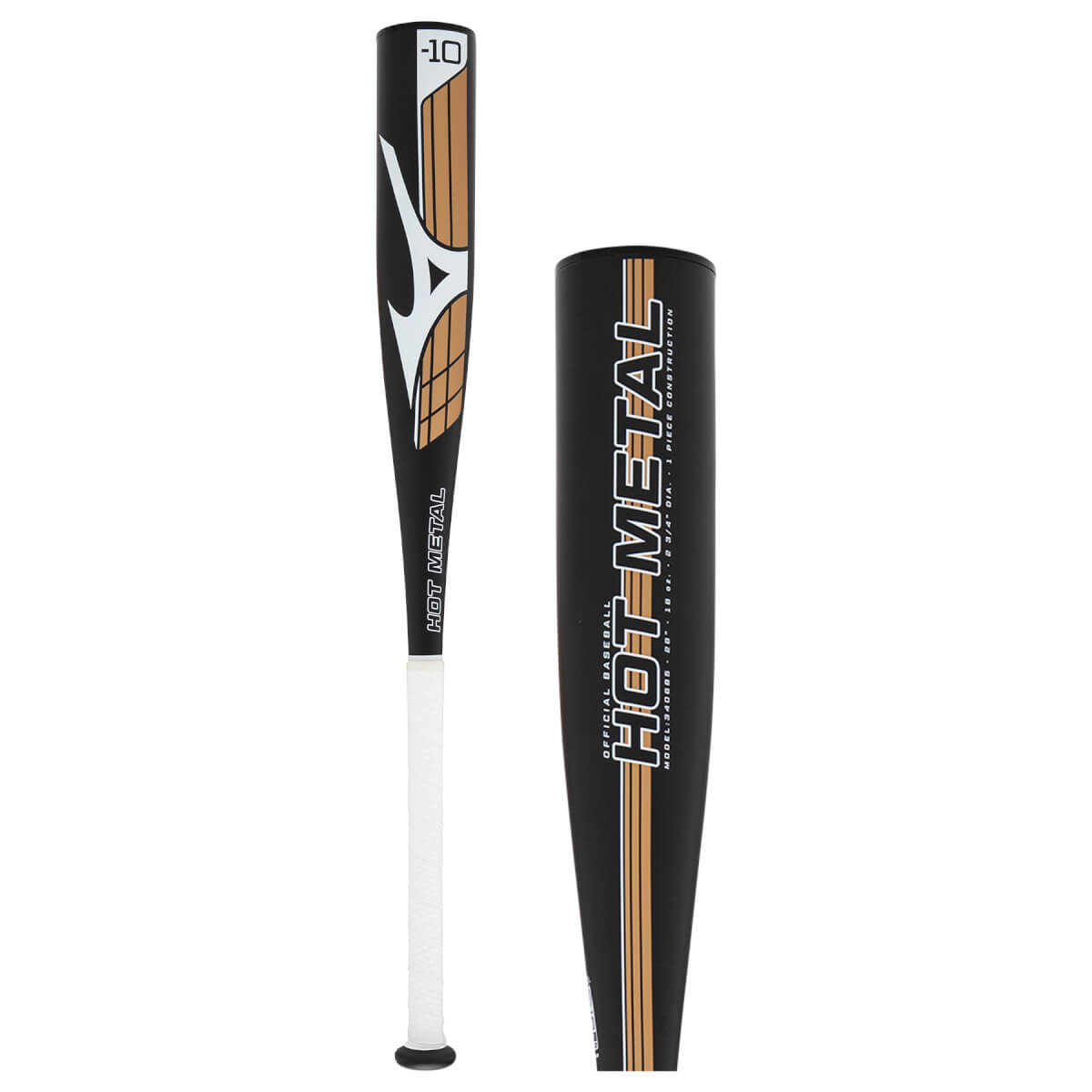 Side view of a black Mizuno baseball bat with a white handle, gold and white graphics, and HOT METAL and -10 on the barrel.