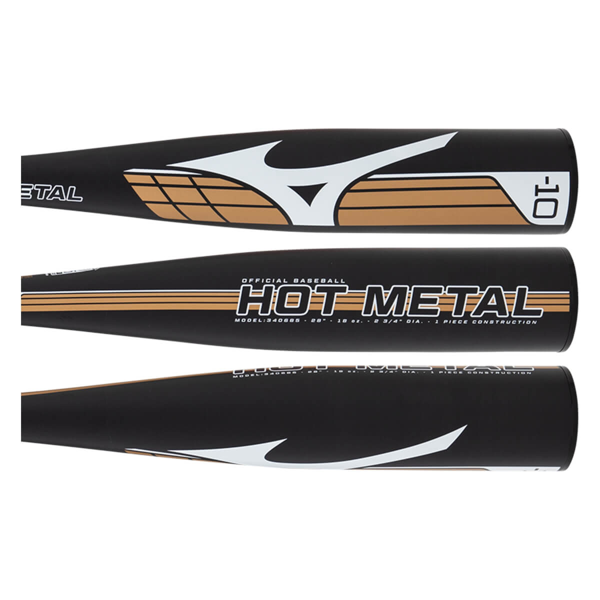 Side views of a black baseball bat with white Mizuno logo, gold grid pattern, and HOT METAL text.