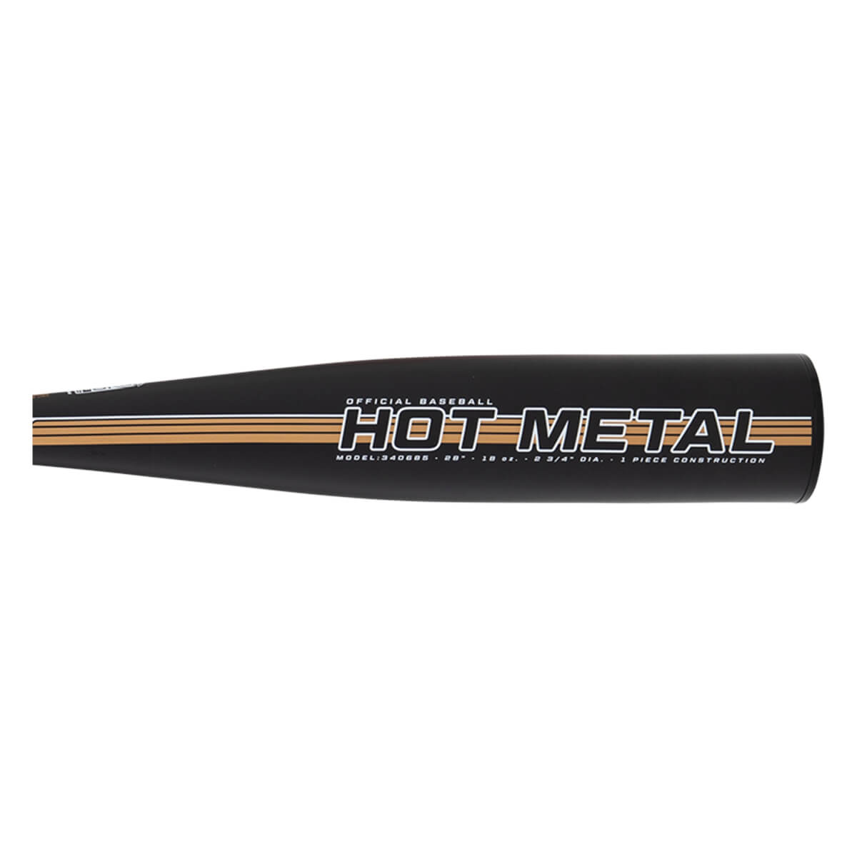 Side view of a black baseball bat barrel with gold HOT METAL text, white outline, and three thin gold stripes.