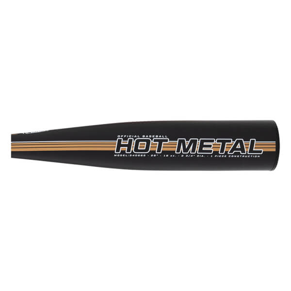 Side view of a black baseball bat barrel with gold HOT METAL text, white outline, and three thin gold stripes.